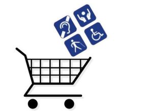 Pictogramas de diversas deficiências sendo depositados em carro de compras.